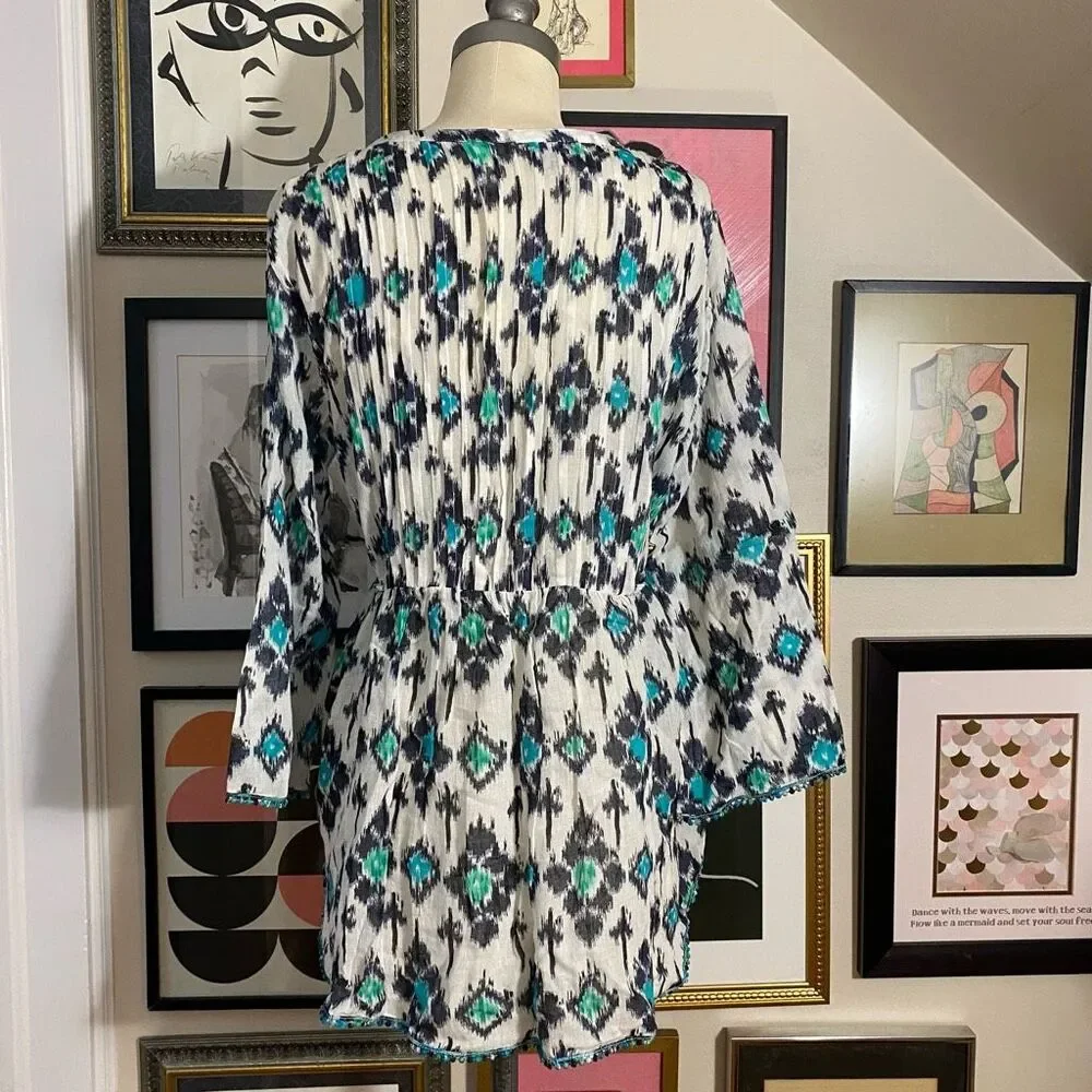 Calypso St Barth Women’s Size Large Fit Flare Blouse White Turquoise Tie Waist - Picture 4 of 8